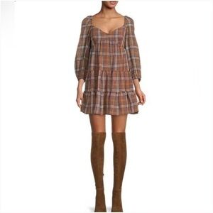 Gianni BIni Lyla Tan Plaid Puff Sleeve Mini Dress- NWT